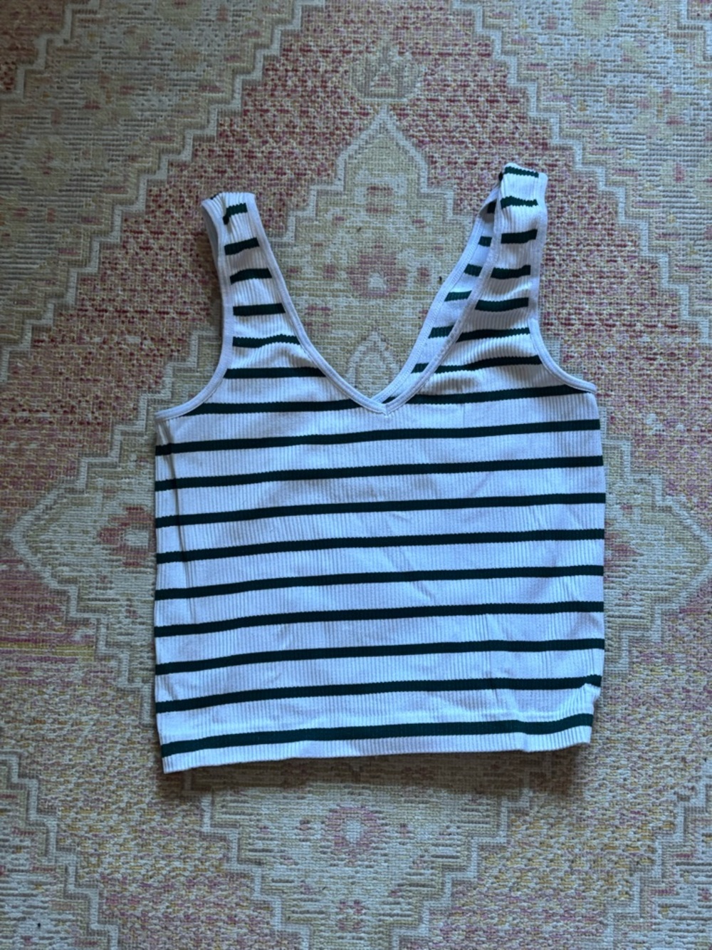Striped V-Neck Ribbed Tank Top - White & Black